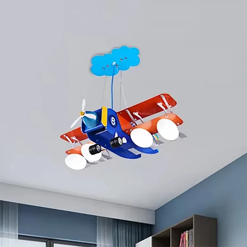 Metalen vliegtuigkroonluchter Vier lichten Moderne stijl plafondhanger blauw voor de kleuterschool Clearhalo