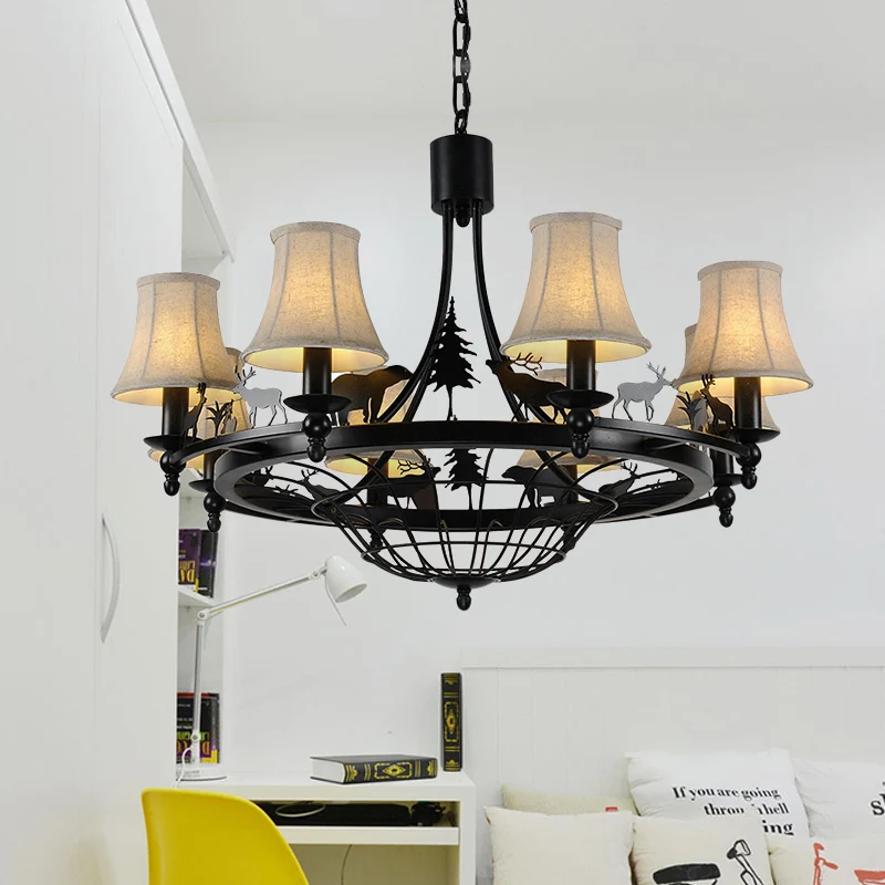 Metalen zwarte hangende kroonluchter Bell, traditionele hanglamp met 8 lampen en kegelvormige stoffen kap Clearhalo