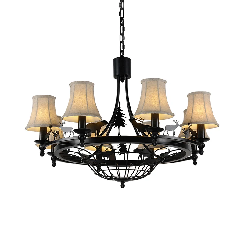 Metalen zwarte hangende kroonluchter Bell, traditionele hanglamp met 8 lampen en kegelvormige stoffen kap Clearhalo