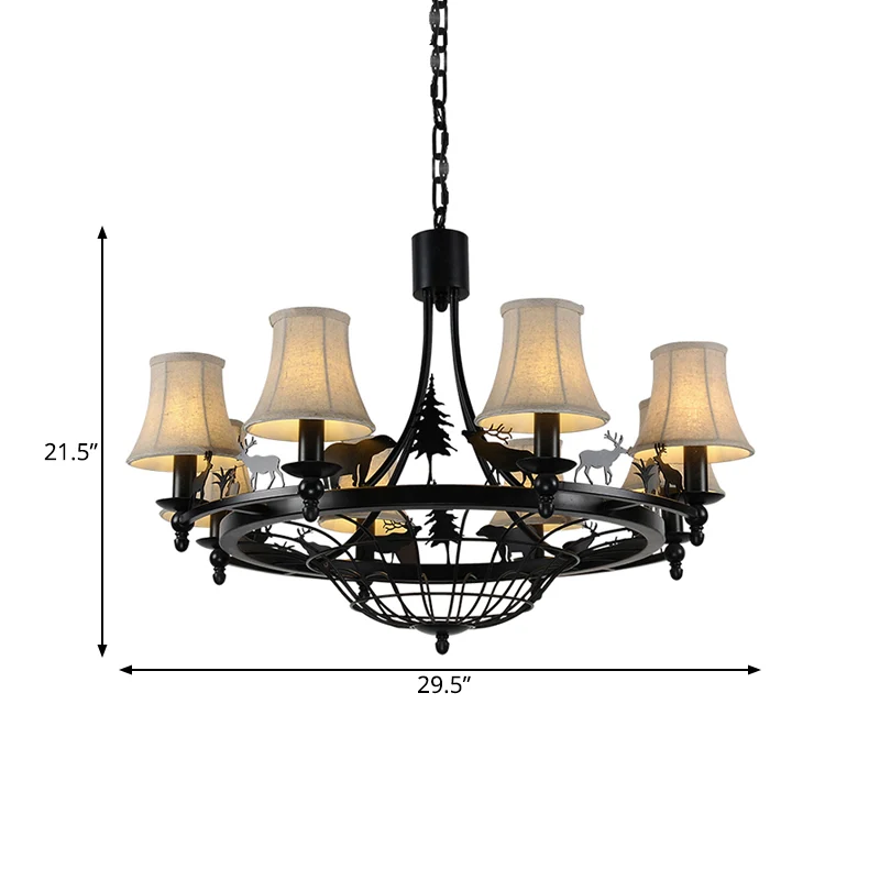 Metalen zwarte hangende kroonluchter Bell, traditionele hanglamp met 8 lampen en kegelvormige stoffen kap Clearhalo