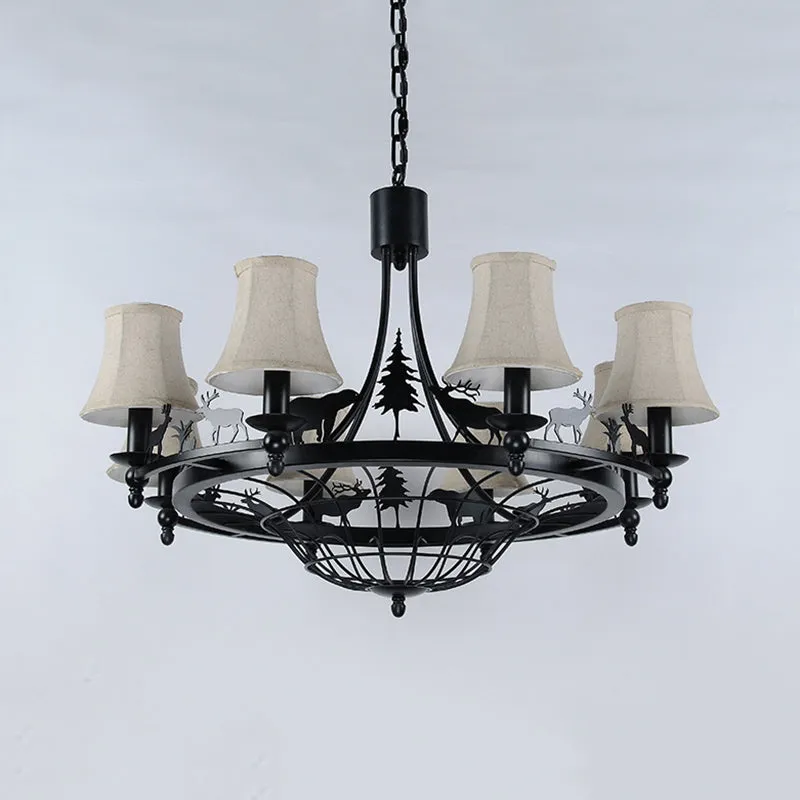 Metalen zwarte hangende kroonluchter Bell, traditionele hanglamp met 8 lampen en kegelvormige stoffen kap Clearhalo