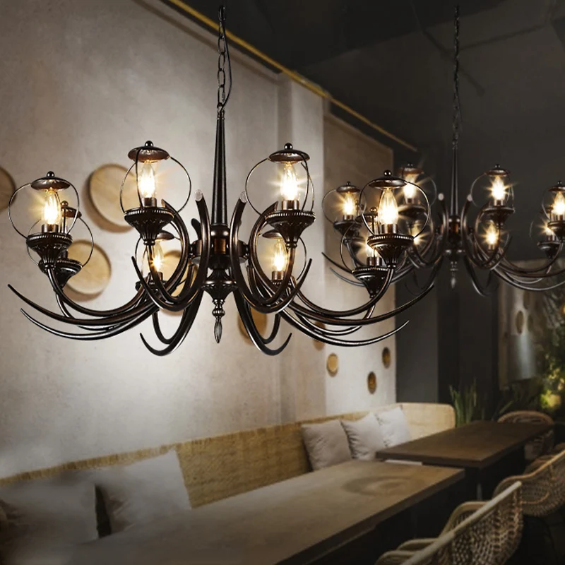 Metalen zwarte hangende kroonluchter gebogen arm 6 lampen Traditionele hanglamp voor restaurant Clearhalo