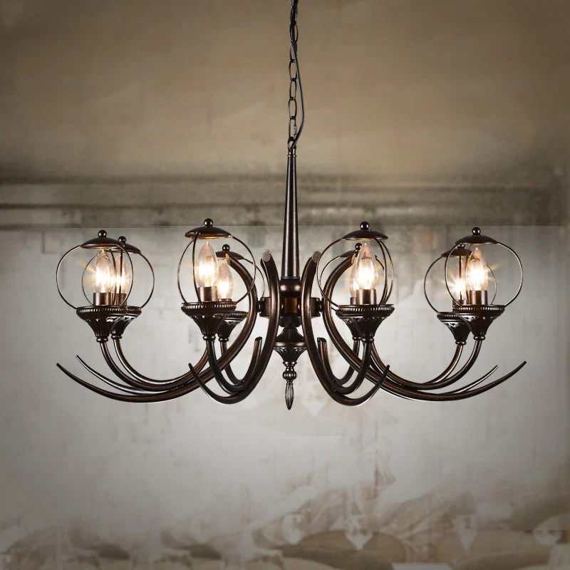 Metalen zwarte hangende kroonluchter gebogen arm 6 lampen Traditionele hanglamp voor restaurant Clearhalo