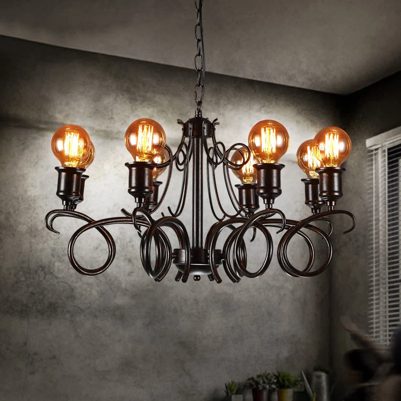 Metalen zwarte hangende kroonluchter, gedraaide arm, traditionele hanglamp met 8 lampen voor de woonkamer Clearhalo