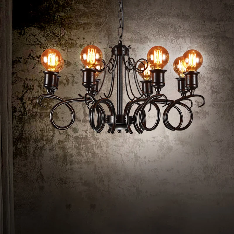 Metalen zwarte hangende kroonluchter, gedraaide arm, traditionele hanglamp met 8 lampen voor de woonkamer Clearhalo