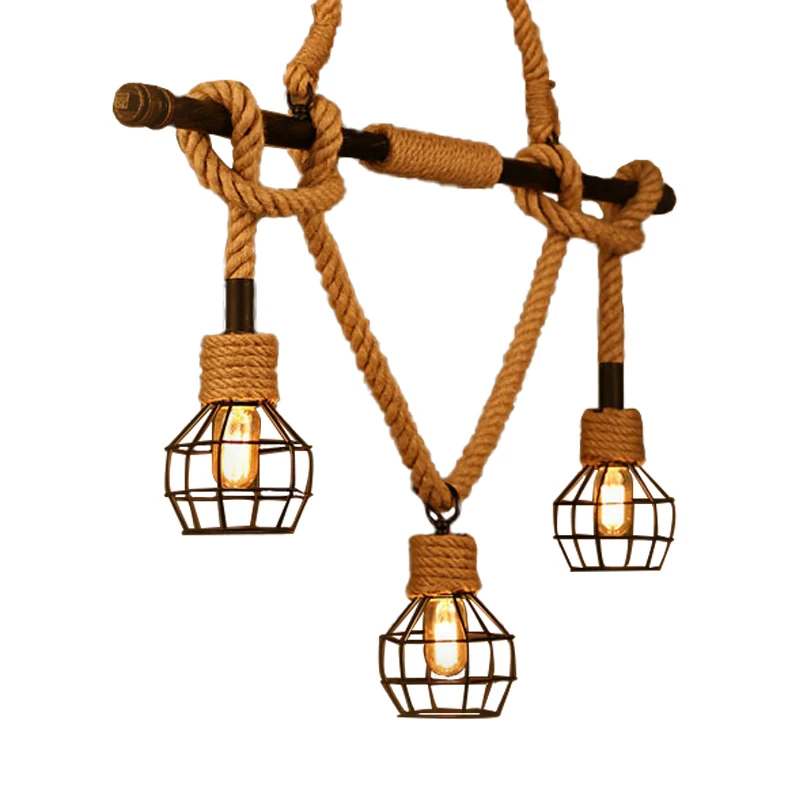 Metalen zwarte hanglamp koepelvormige kooi 3 koppen industriële vintage eilandverlichting met verstelbaar henneptouw Clear...