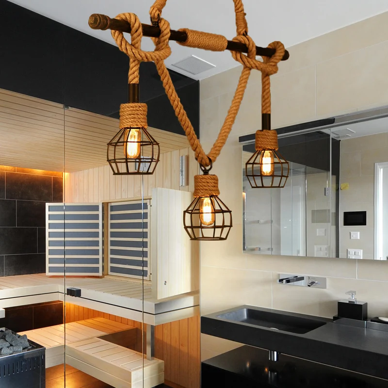 Metalen zwarte hanglamp koepelvormige kooi 3 koppen industriële vintage eilandverlichting met verstelbaar henneptouw Clear...