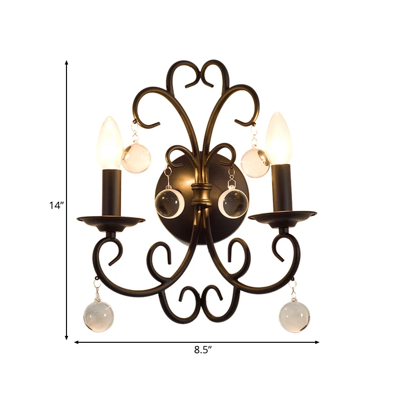Metalen zwarte schanslamp Kaars 2-lichts rustieke wandgemonteerde verlichting voor eetkamer met heldere kristallen bol Cle...