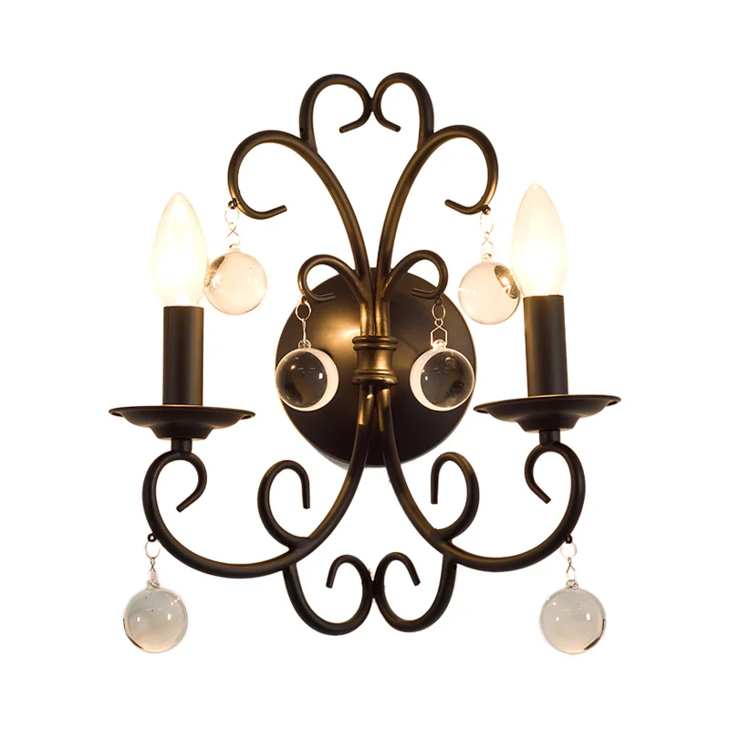 Metalen zwarte schanslamp Kaars 2-lichts rustieke wandgemonteerde verlichting voor eetkamer met heldere kristallen bol Cle...