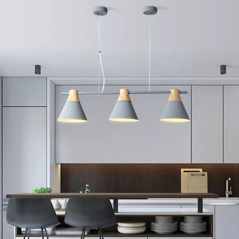 Metallic Cone Hanglampset Modernisme 3-kops eilandverlichtingsarmatuur met houten blad Clearhalo