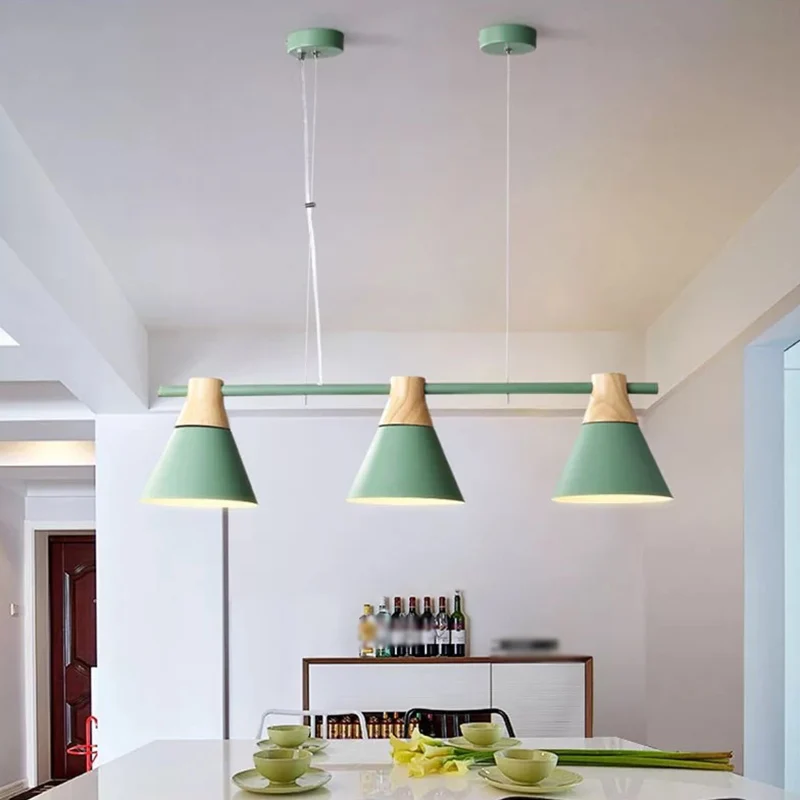 Metallic Cone Hanglampset Modernisme 3-kops eilandverlichtingsarmatuur met houten blad Clearhalo