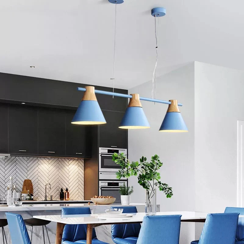 Metallic Cone Hanglampset Modernisme 3-kops eilandverlichtingsarmatuur met houten blad Clearhalo