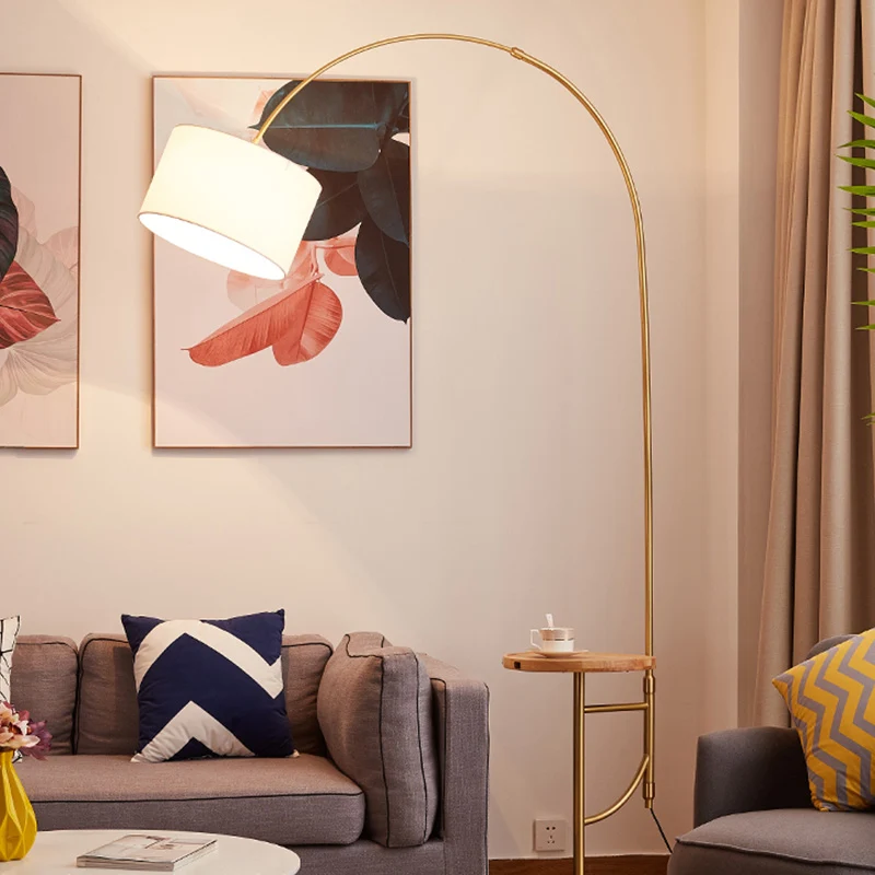 Metallic gebogen vloerverlichting Minimalisme 1 kops woonkamer staande vloerlamp met trommelstof kap goud Clearhalo
