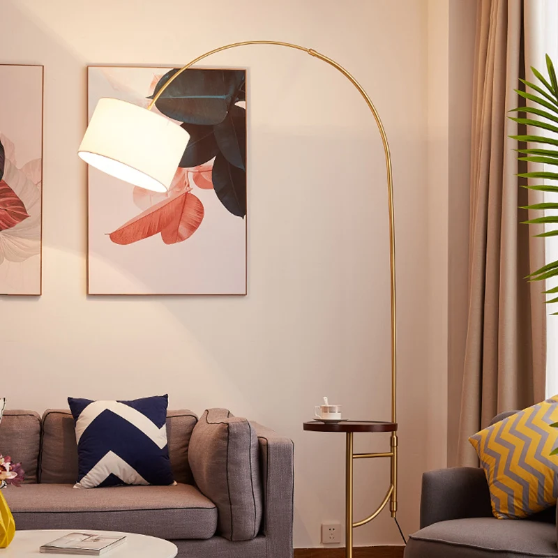 Metallic gebogen vloerverlichting Minimalisme 1 kops woonkamer staande vloerlamp met trommelstof kap goud Clearhalo