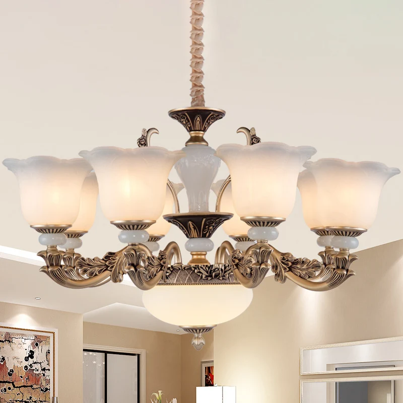 Metallic goud hangende kroonluchter swooping arm 6/8/10 hoofden verouderde stijl plafondhanger met bloemenkap Clearhalo