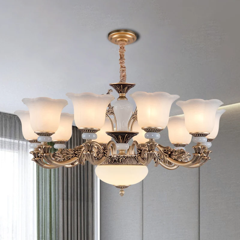Metallic goud hangende kroonluchter swooping arm 6/8/10 hoofden verouderde stijl plafondhanger met bloemenkap Clearhalo