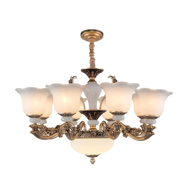 Metallic goud hangende kroonluchter swooping arm 6/8/10 hoofden verouderde stijl plafondhanger met bloemenkap Clearhalo