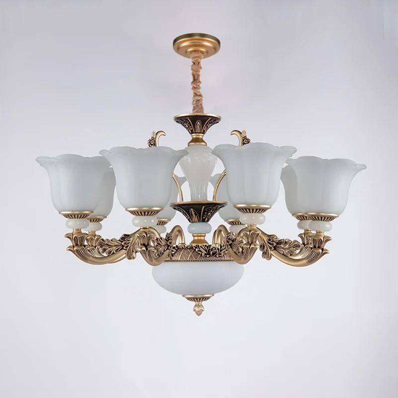 Metallic goud hangende kroonluchter swooping arm 6/8/10 hoofden verouderde stijl plafondhanger met bloemenkap Clearhalo