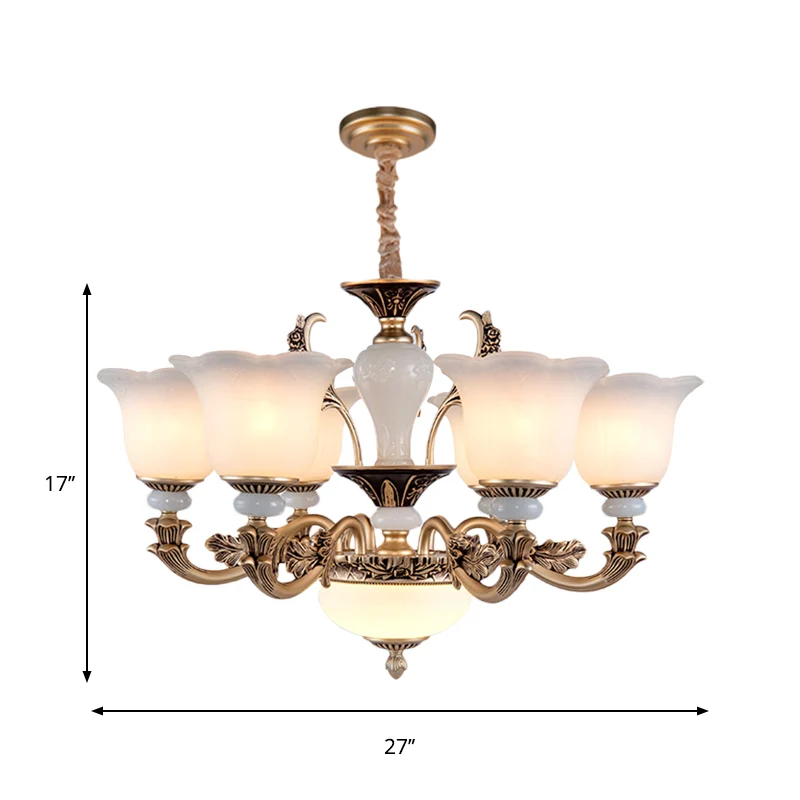 Metallic goud hangende kroonluchter swooping arm 6/8/10 hoofden verouderde stijl plafondhanger met bloemenkap Clearhalo
