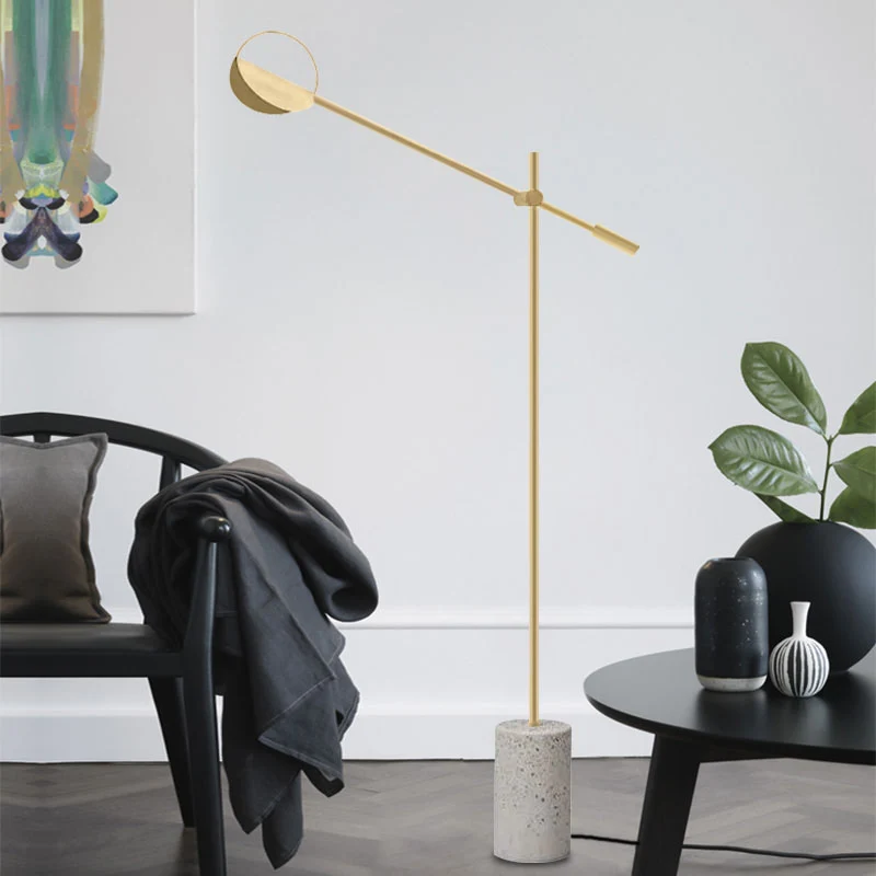 Metallic Hoop Stand Up Lamp Modernistische Enkele Zwart/Gouden Afwerking Staande Licht met Balansarm Clearhalo