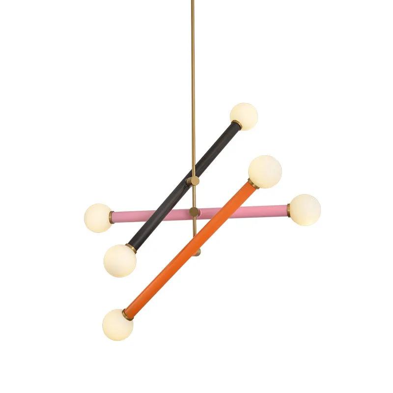 Metallic lineaire hangende kroonluchter eigentijds 6 lampen zwart-roze-oranje LED-hanglamp Clearhalo