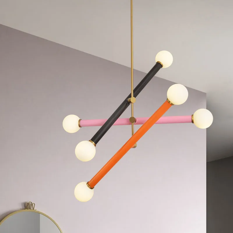 Metallic lineaire hangende kroonluchter eigentijds 6 lampen zwart-roze-oranje LED-hanglamp Clearhalo
