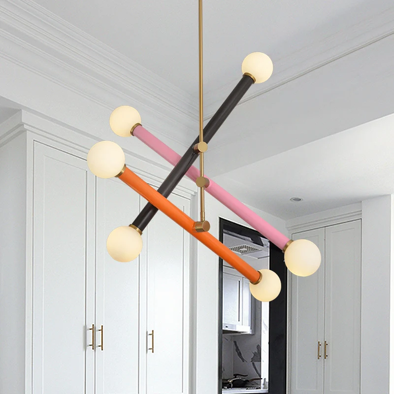 Metallic lineaire hangende kroonluchter eigentijds 6 lampen zwart-roze-oranje LED-hanglamp Clearhalo