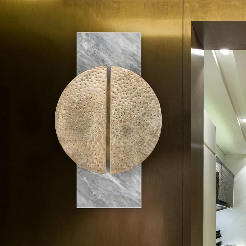 Metallic losgekoppelde cirkelwandlamp Minimalistische 1-kops LED-wandlamp Schans zwart/wit met rechthoekige marmeren achte...