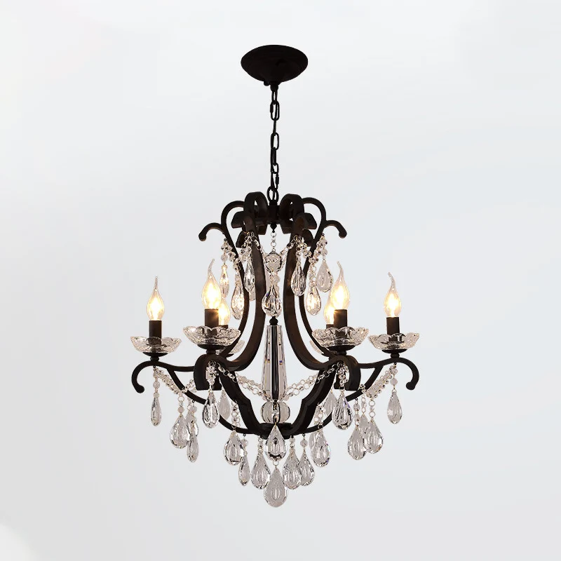 Metallic zwarte hangende kroonluchter Scrollarm 5/6-kops traditionele hangende plafondlamp met kristallen druppel Clearhalo