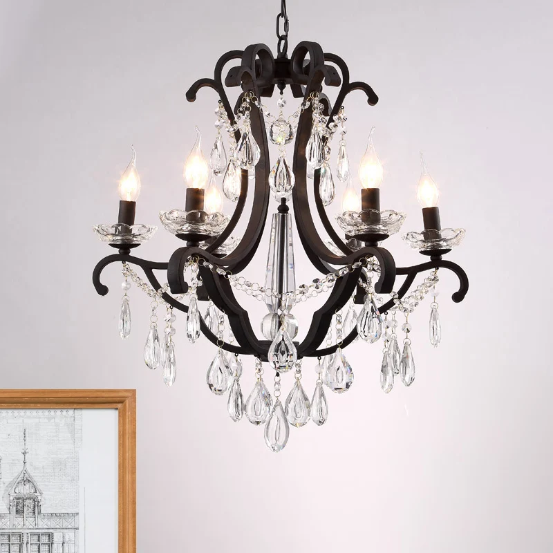 Metallic zwarte hangende kroonluchter Scrollarm 5/6-kops traditionele hangende plafondlamp met kristallen druppel Clearhalo