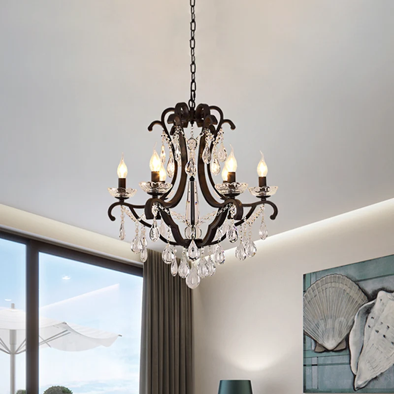 Metallic zwarte hangende kroonluchter Scrollarm 5/6-kops traditionele hangende plafondlamp met kristallen druppel Clearhalo