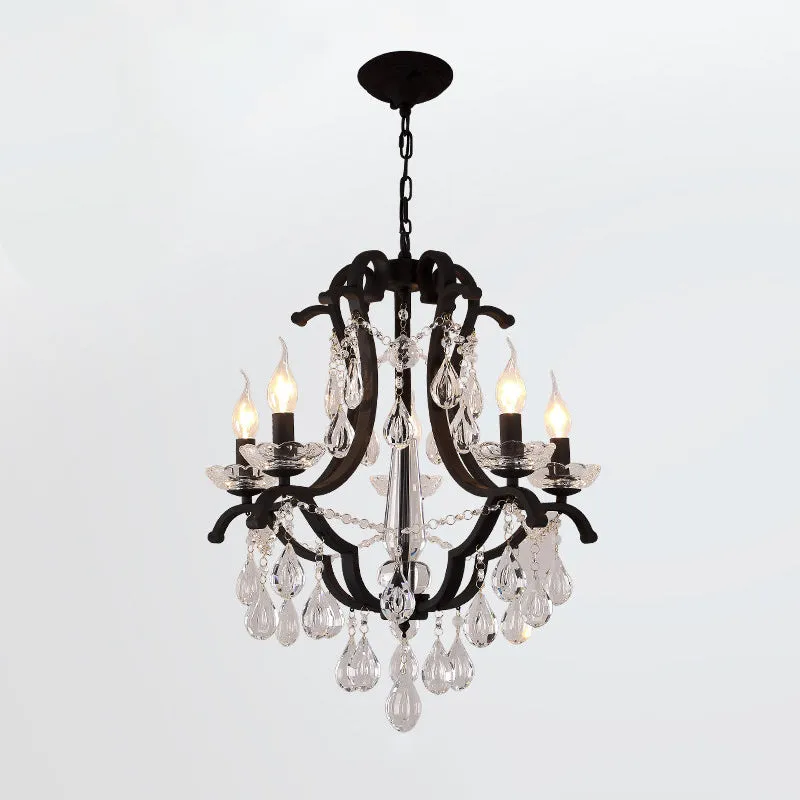 Metallic zwarte hangende kroonluchter Scrollarm 5/6-kops traditionele hangende plafondlamp met kristallen druppel Clearhalo
