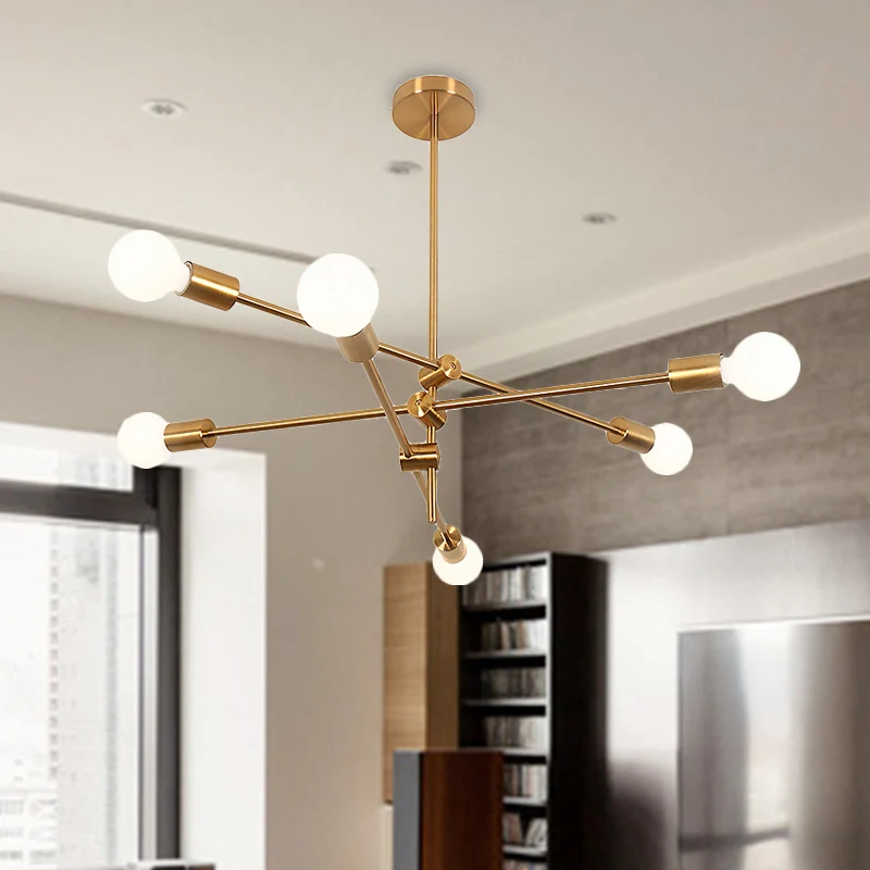 Mid Century Blootgestelde Lamp Kroonluchter Licht Metaal 2/4/6 Lichten Woonkamer Hanglamp goud Clearhalo