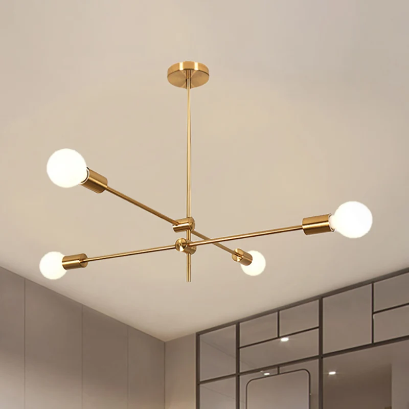 Mid Century Blootgestelde Lamp Kroonluchter Licht Metaal 2/4/6 Lichten Woonkamer Hanglamp goud Clearhalo