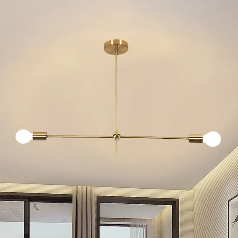 Mid Century Blootgestelde Lamp Kroonluchter Licht Metaal 2/4/6 Lichten Woonkamer Hanglamp goud Clearhalo
