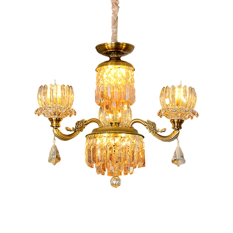 Mid Century Floral plafondkroonluchter 3 hoofden Amber Crystal slingerlicht messing Clearhalo