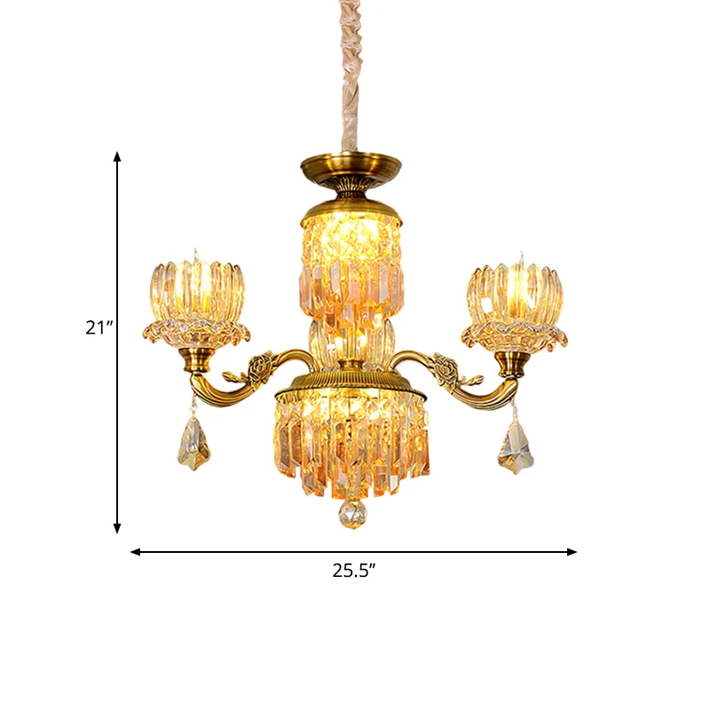Mid Century Floral plafondkroonluchter 3 hoofden Amber Crystal slingerlicht messing Clearhalo