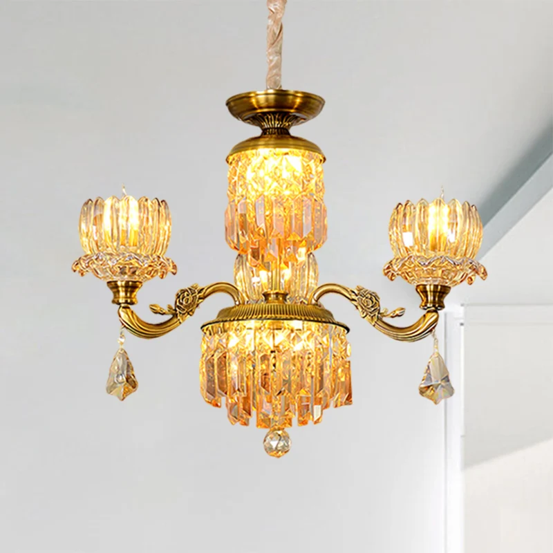 Mid Century Floral plafondkroonluchter 3 hoofden Amber Crystal slingerlicht messing Clearhalo