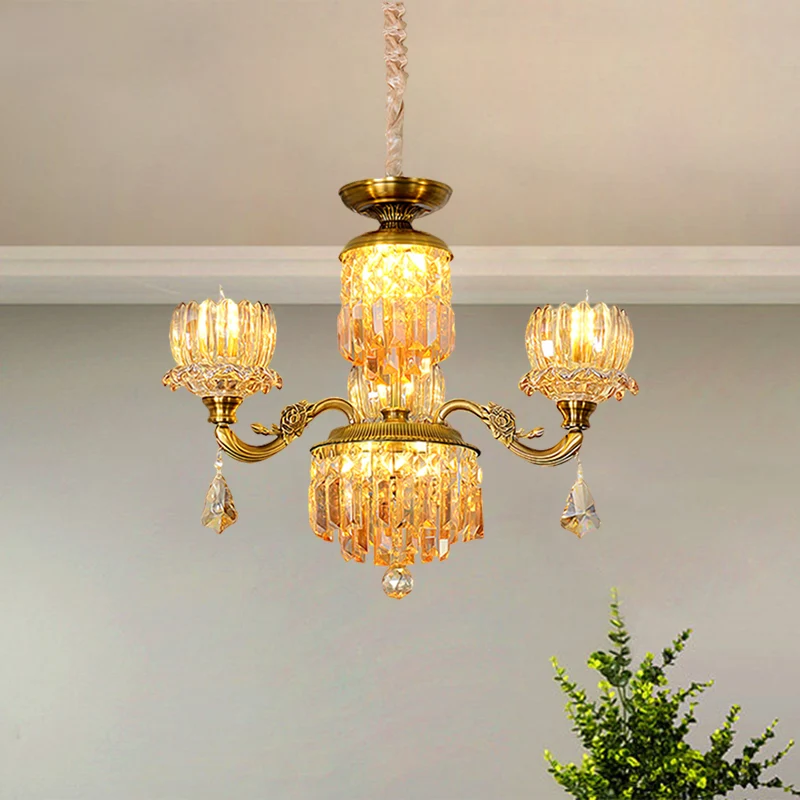 Mid Century Floral plafondkroonluchter 3 hoofden Amber Crystal slingerlicht messing Clearhalo