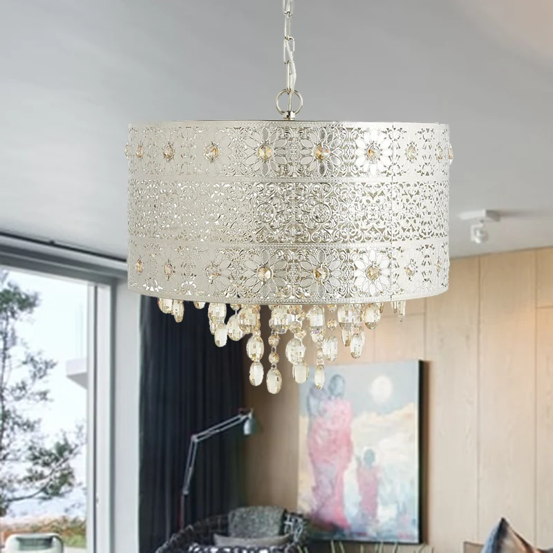 Mid-Century Drum Plafondkroonluchter Helder K9 Kristal 4 Lampen Eettafel Hanglamp Zilver Clearhalo