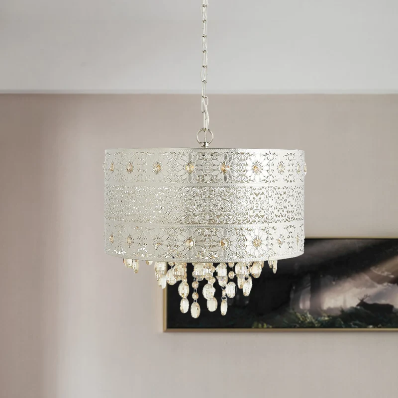 Mid-Century Drum Plafondkroonluchter Helder K9 Kristal 4 Lampen Eettafel Hanglamp Zilver Clearhalo
