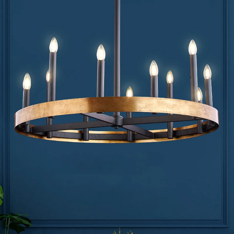 Mid-Century wielkroonluchter 9/12 koppen metalen plafondophanglamp zwart-goud met kaarsontwerp Clearhalo
