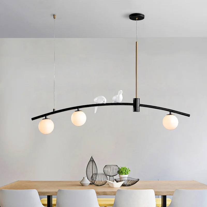 Minibol melkglas eilandlamp modern 3-kops zwart-messing ophanghanger met vogeldecoratie Clearhalo
