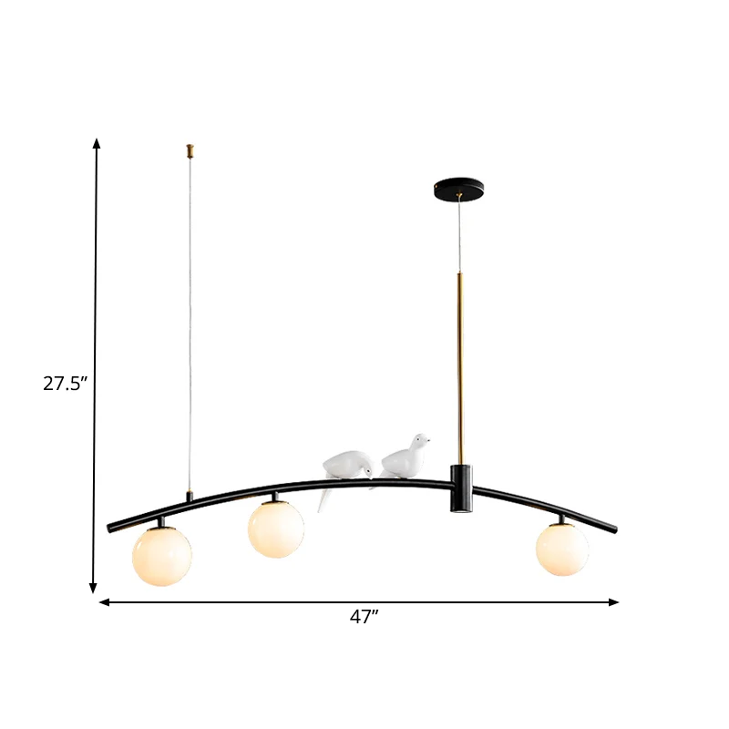 Minibol melkglas eilandlamp modern 3-kops zwart-messing ophanghanger met vogeldecoratie Clearhalo