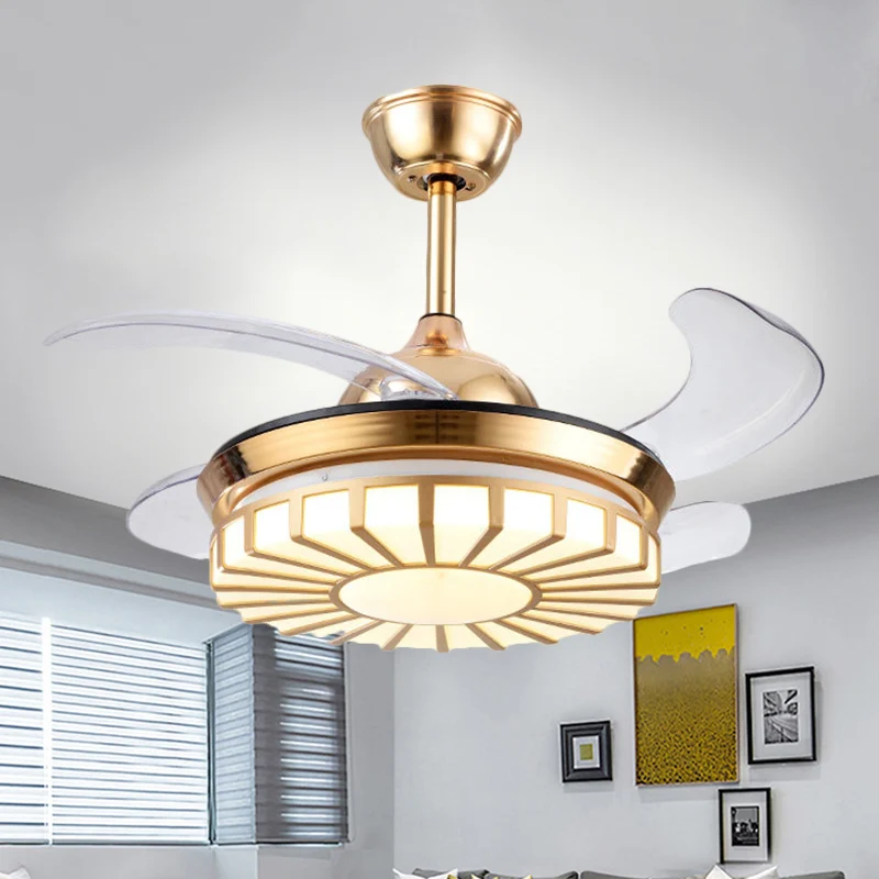 Minimalisme, cirkelvormige semi-inbouw acryl woonkamer, 4-bladige LED-hangende ventilatorlamp zilver/wit/goud, 42" W Clear...