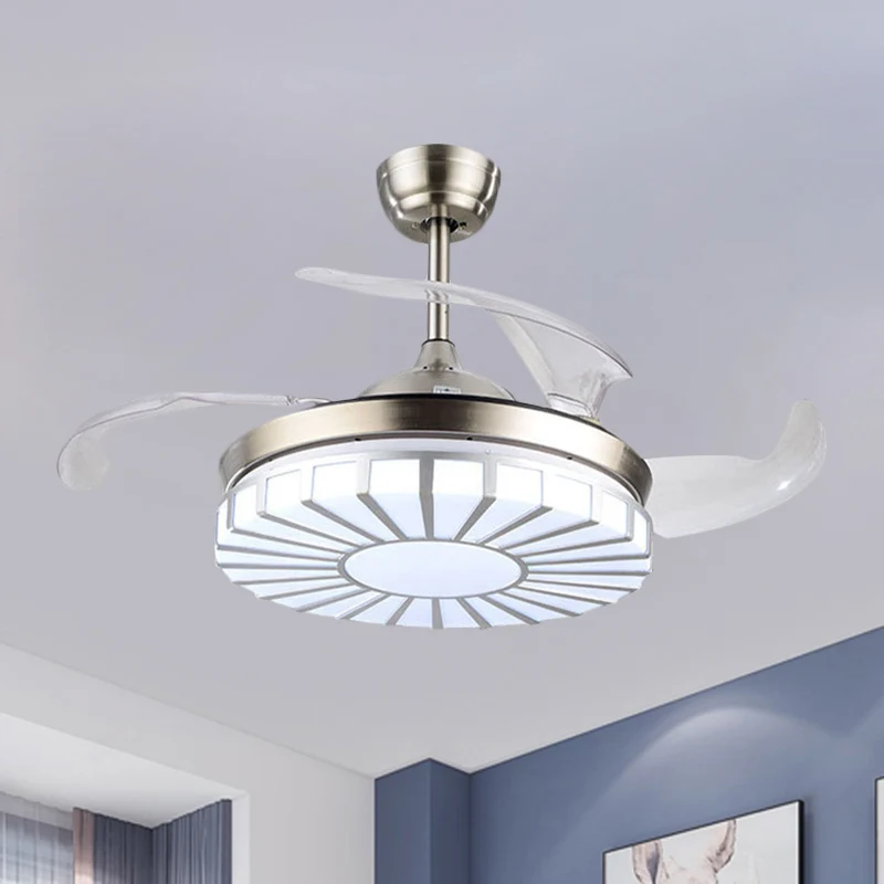 Minimalisme, cirkelvormige semi-inbouw acryl woonkamer, 4-bladige LED-hangende ventilatorlamp zilver/wit/goud, 42" W Clear...