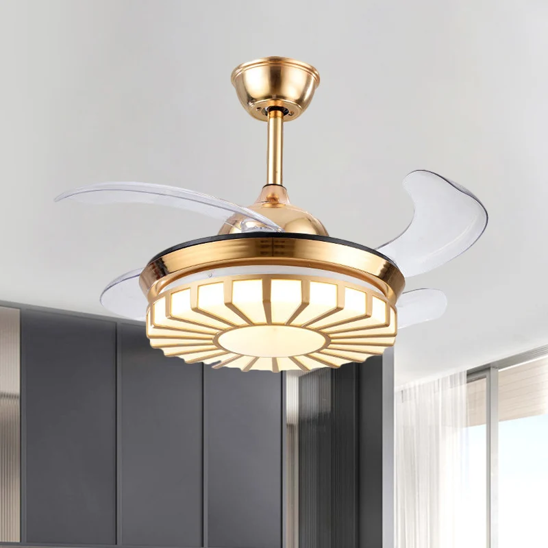 Minimalisme, cirkelvormige semi-inbouw acryl woonkamer, 4-bladige LED-hangende ventilatorlamp zilver/wit/goud, 42" W Clear...