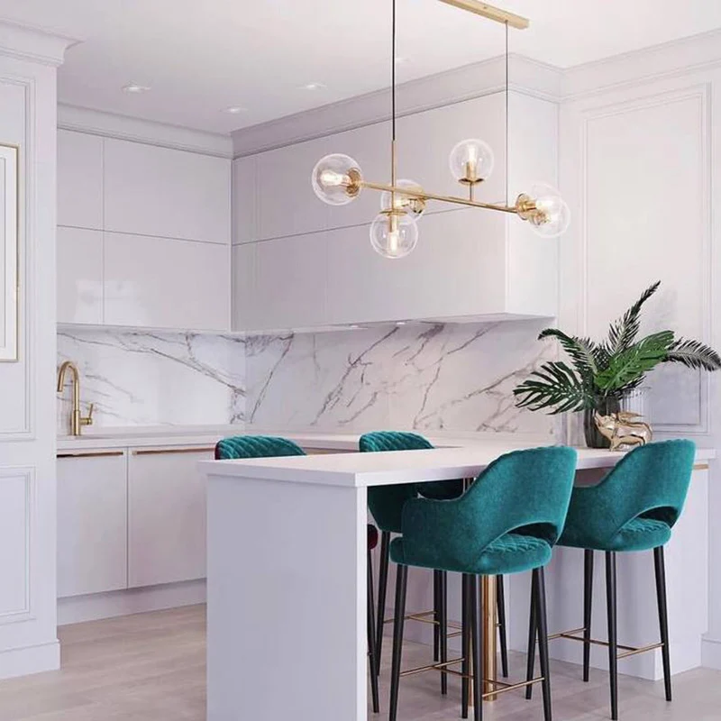 Minimalisme 6 lampen eilandlamp messing bal hanglamp met glazen kap voor restaurant Clearhalo