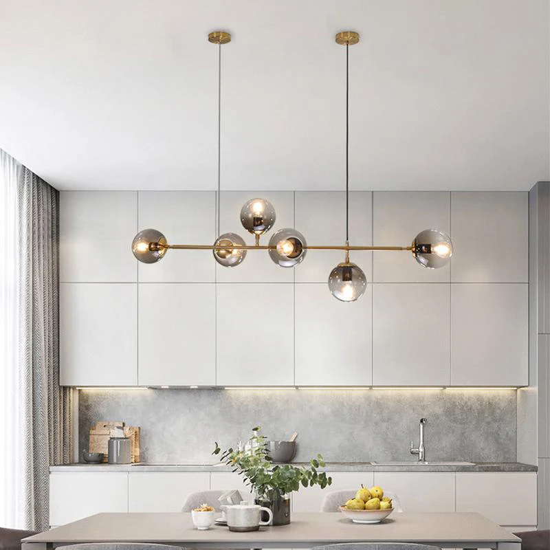 Minimalisme 6 lampen eilandlamp messing bal hanglamp met glazen kap voor restaurant Clearhalo