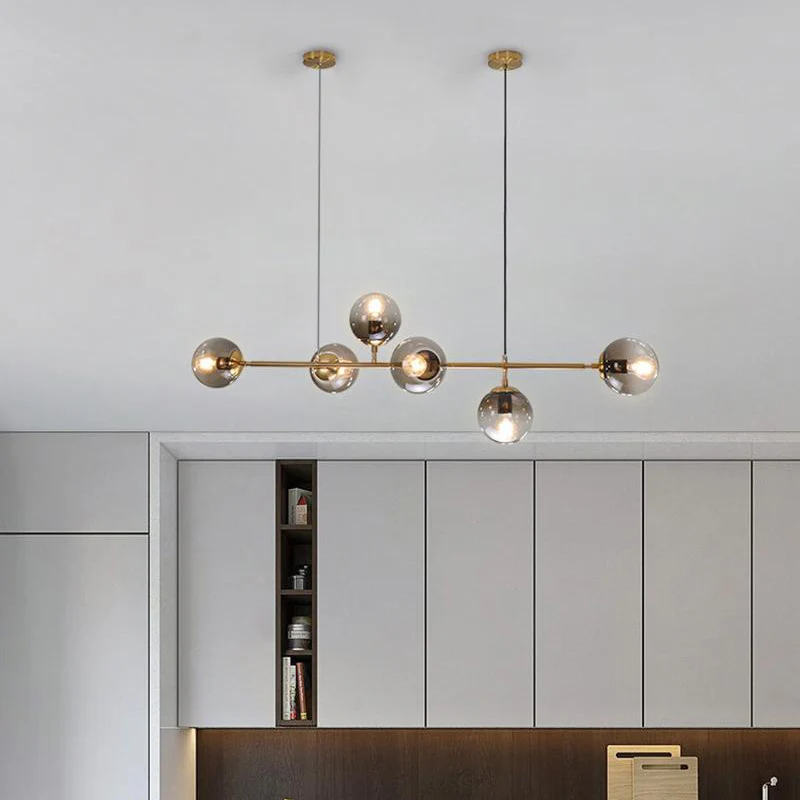 Minimalisme 6 lampen eilandlamp messing bal hanglamp met glazen kap voor restaurant Clearhalo